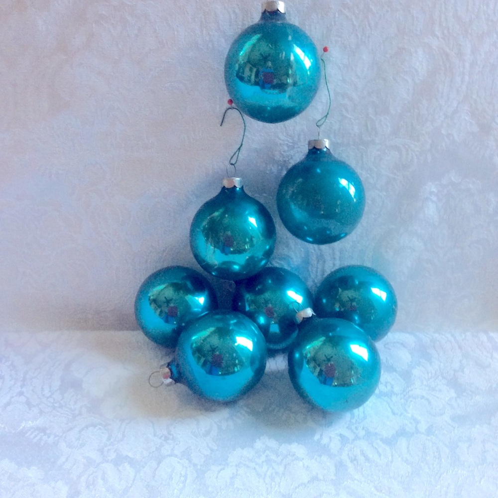 Vintage Blue & silver glass ornaments holly bulbs